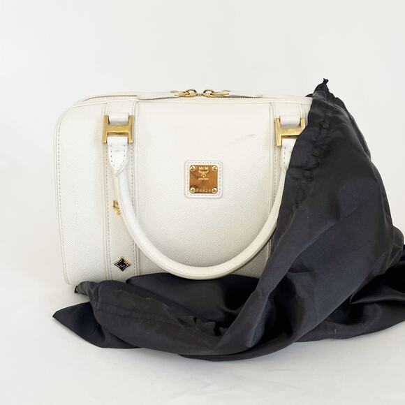 MCM White Leather Boston Bag Satchel Purse Gold Tone - Picture 3 of 15